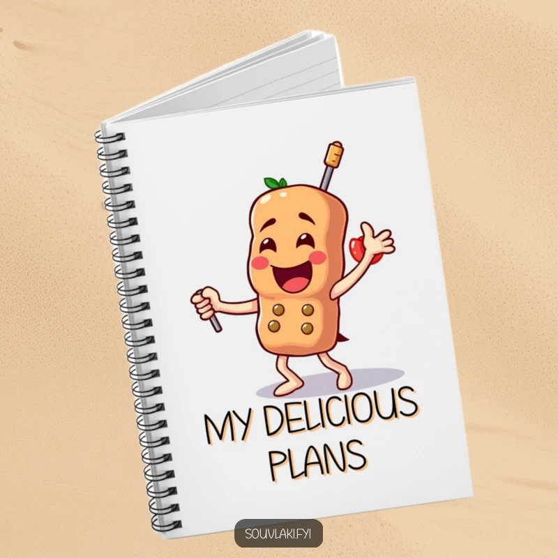 Funny Souvlaki Notebook: A proud skewer character dances triumphantly, ready to inspire your culinary notes and creative recipes.