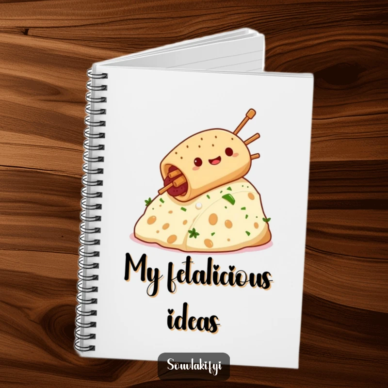 Funny souvlaki character takes a thrilling ride down a feta cheese hill, captured in a humorous design on a notebook.