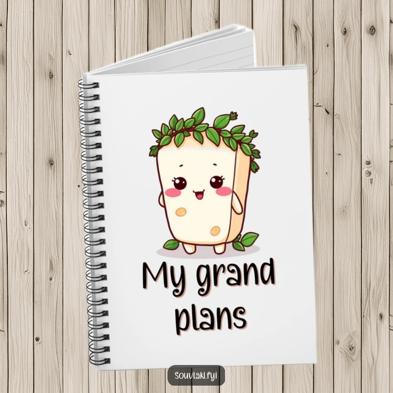 Funny silly feta cheese character comically trying to wear a tiny laurel wreath, featured on a lined notebook.