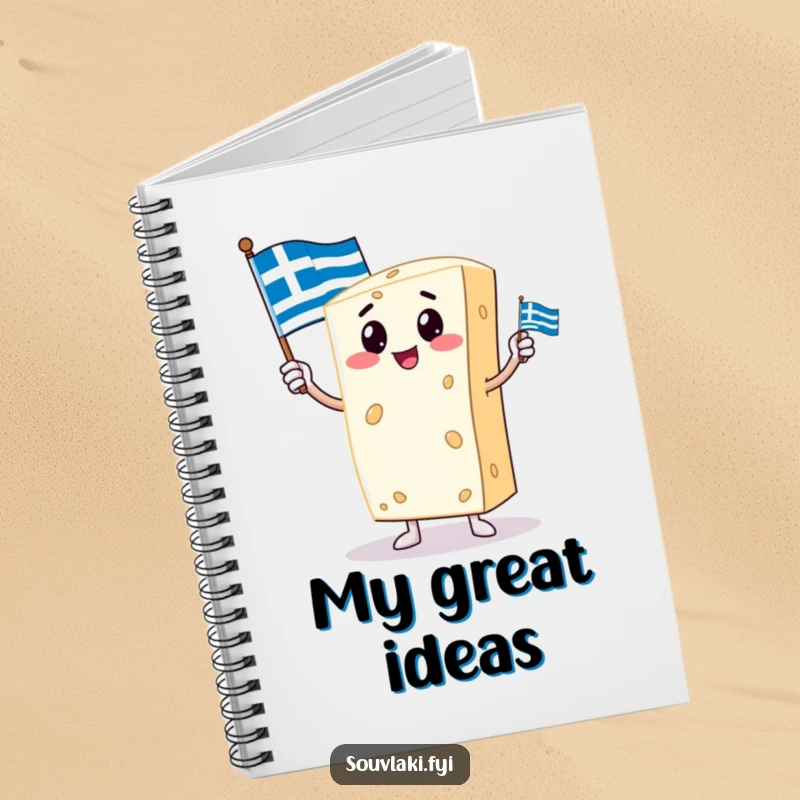 Funny notebook with a proud feta cheese character holding a small Greek flag, perfect for jotting down culinary notes.