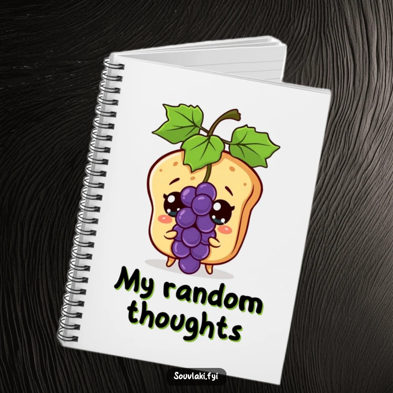 Funny pita bread character with wide eyes reacting to a flying grape, on the cover of a notebook.