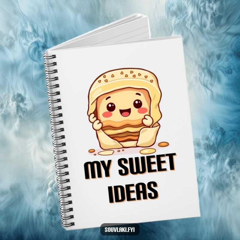 Funny happy baklava character peeling layers with a smile, on the cover of a lined notebook.