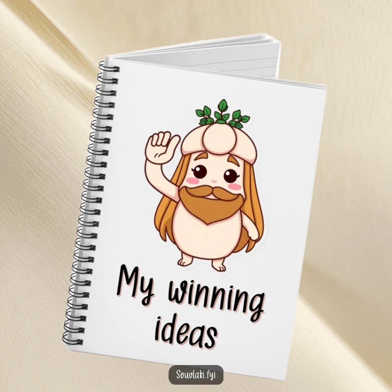 Funny notebook cover featuring a souvlaki saluting with a laurel wreath, inspiring humorous notes and heroic plans.