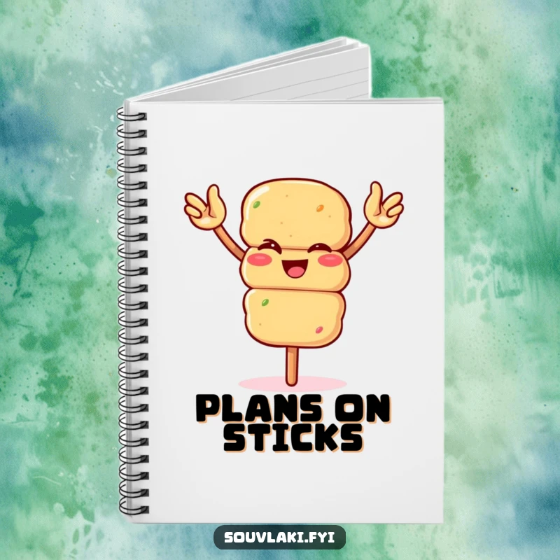 Funny winking souvlaki skewer waving arms enthusiastically on a notebook cover. Perfect for note-taking and grilling plans, a delightful funny gift.