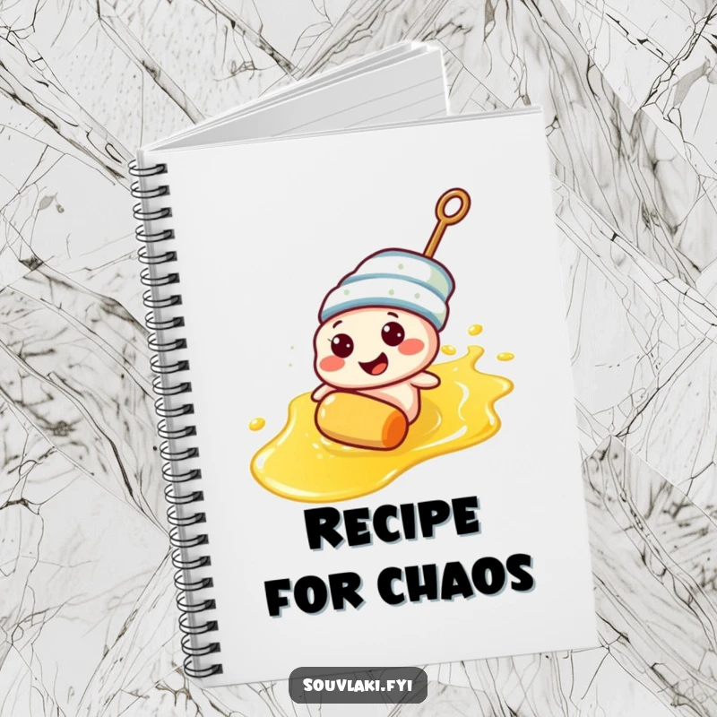 Funny souvlaki skewer character sliding on olive oil on a notebook cover, for jotting down ideas.