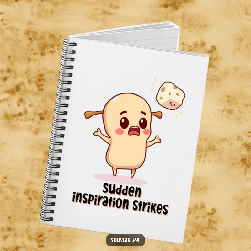 Funny Notebook: Souvlaki character comically surprised by a flying feta cube while writing.