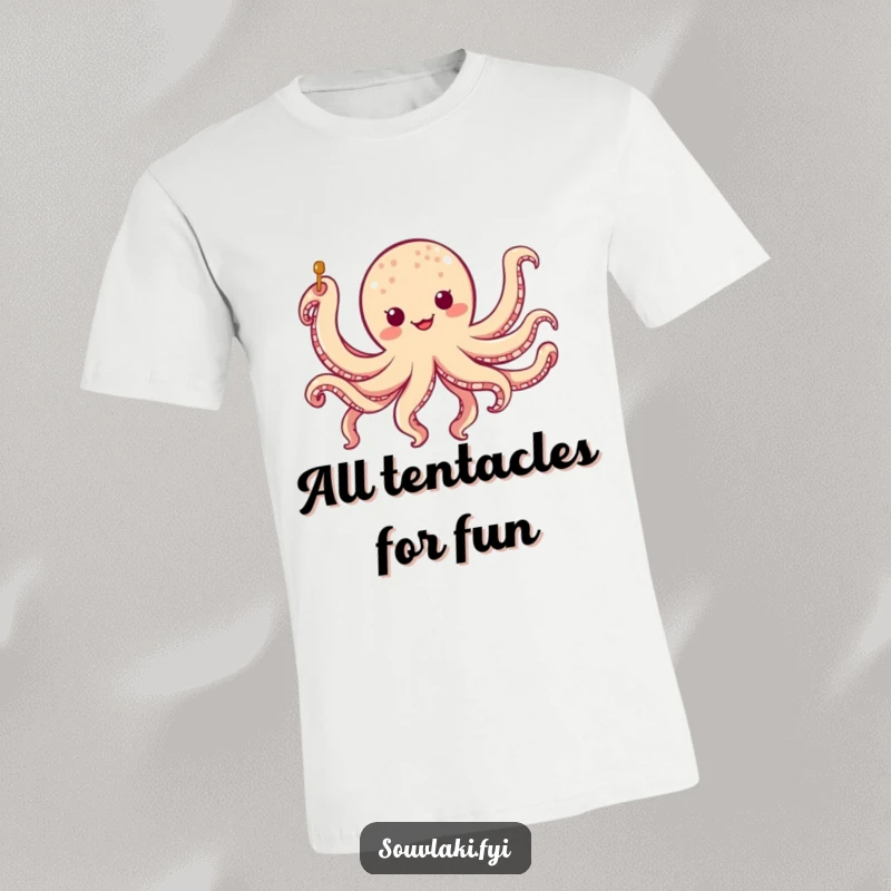 Funny chubby octopus skewer t-shirt with a character doing a silly eight-legged jig, a fun and humorous clothing gift.