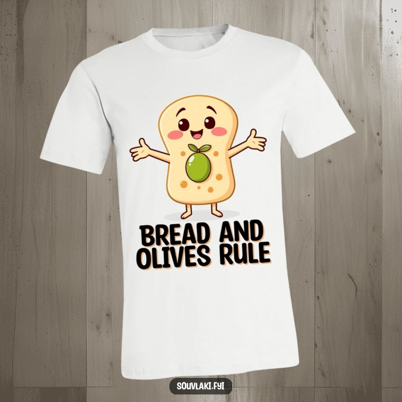 Funny t-shirt with a cheerful pita bread character embracing a tiny olive, radiating warmth, friendship, and delightful food humor.