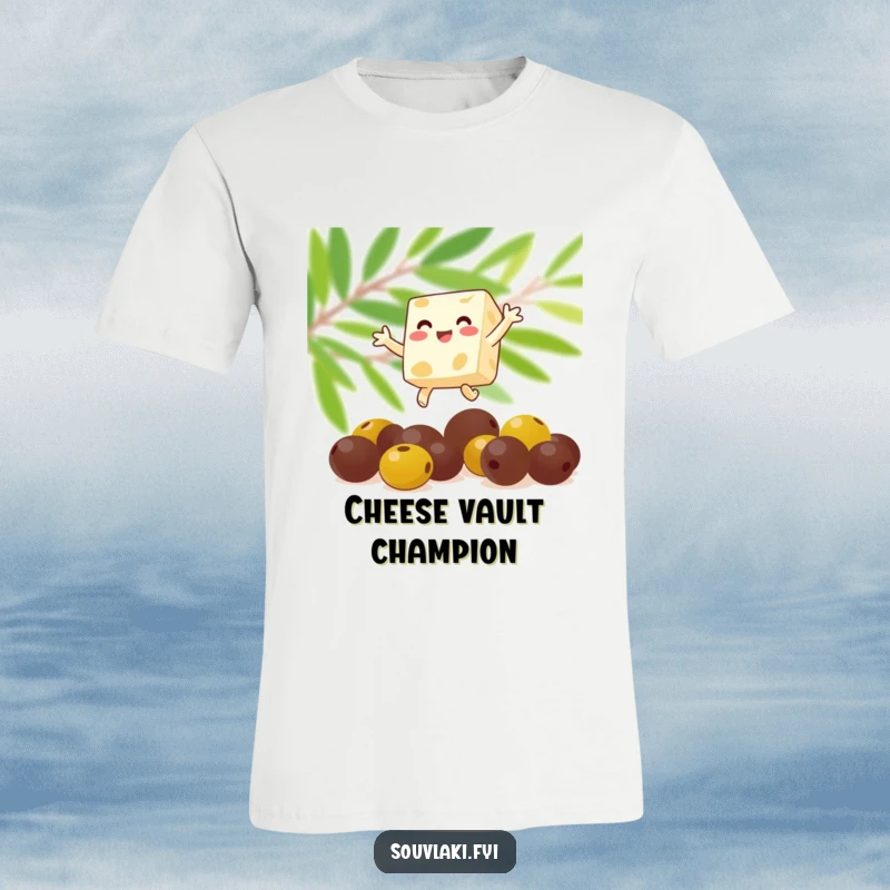 Funny feta cheese cube joyfully leaping over olives on a t-shirt. A humorous and energetic design, perfect as a funny gift.