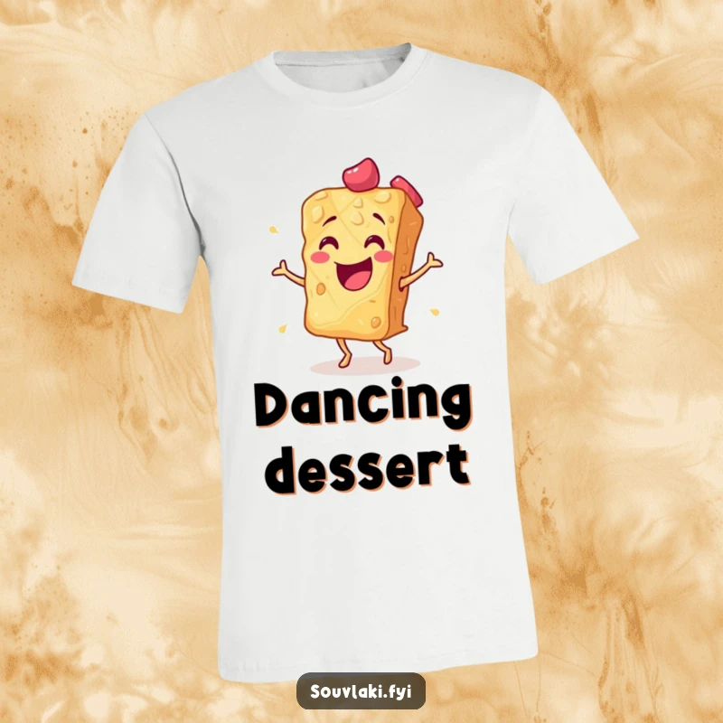 Funny baklava slice doing a lively flamenco dance on a t-shirt, radiating pastry passion. A unique and humorous apparel choice, perfect as a funny gift.