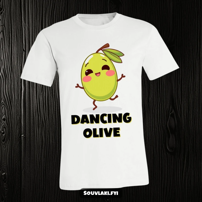 Funny olive with legs dancing energetically and giggling on a t-shirt. A humorous and animated design, perfect as a funny gift.