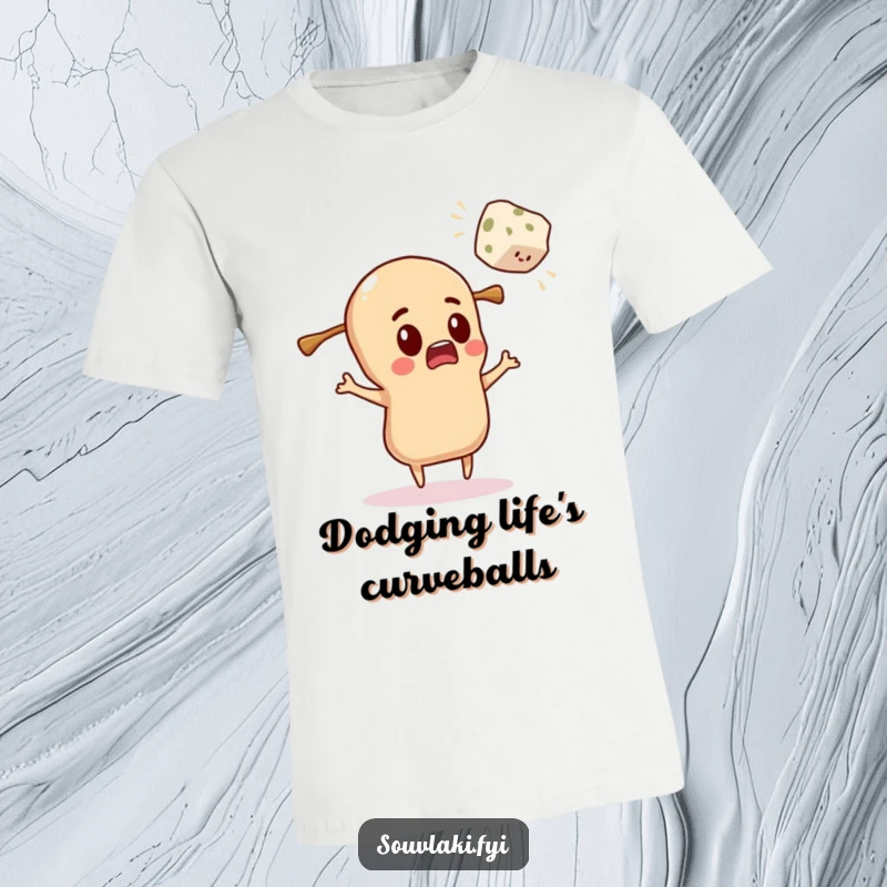 Funny T-Shirt: Souvlaki character comically surprised, eyes wide, as a feta cube flies towards it.