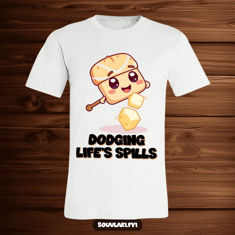 Funny Souvlaki Skewer Feta Flee T-Shirt: A giggling souvlaki skewer with wide eyes dodges a falling feta cube.