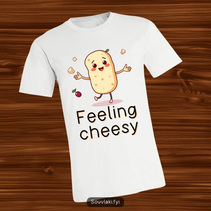 Funny t-shirt showing a dancing pita bread character with tiny arms, juggling miniature olives and feta cheese in a lively dance.