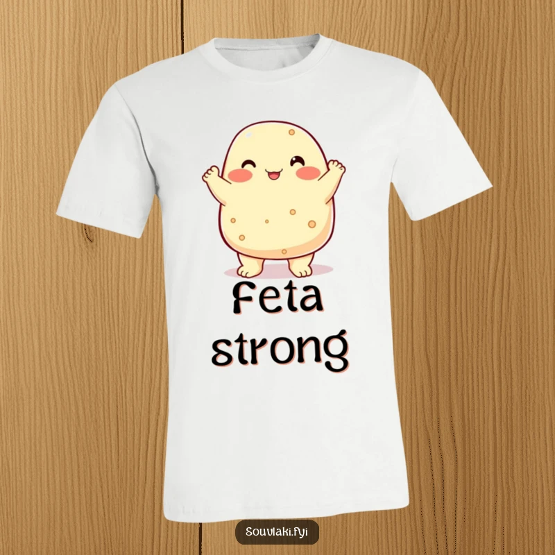 Funny chubby feta cheese character performing a proud chest bump, a statement t-shirt.