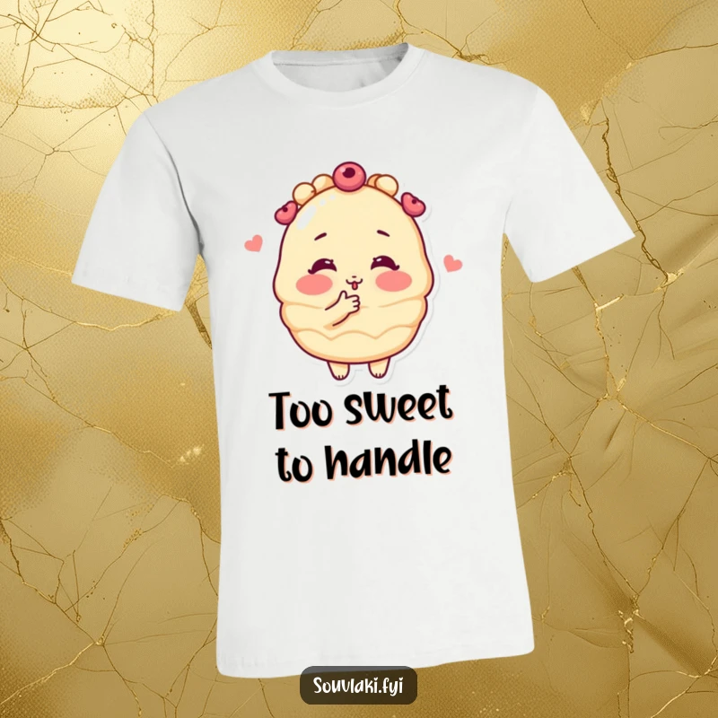 Funny blushing baklava character blowing a kiss on a soft t-shirt, perfect for dessert lovers who appreciate cute and humorous apparel.