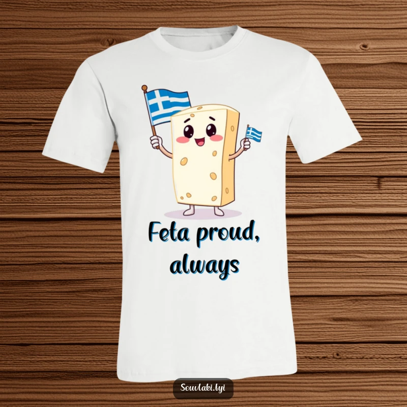 Funny t-shirt with a proud feta cheese character standing tall, holding a small Greek flag, radiating culinary pride and cultural celebration.