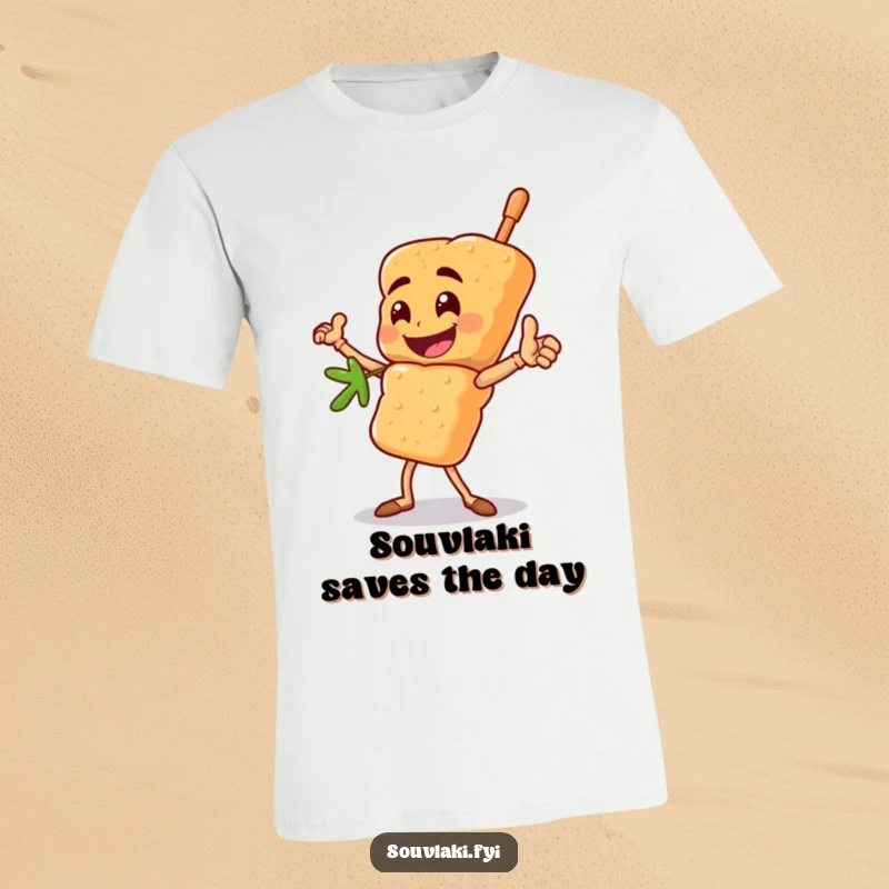 Funny souvlaki skewer t-shirt with a happy character striking a heroic pose, a brave and humorous clothing gift.