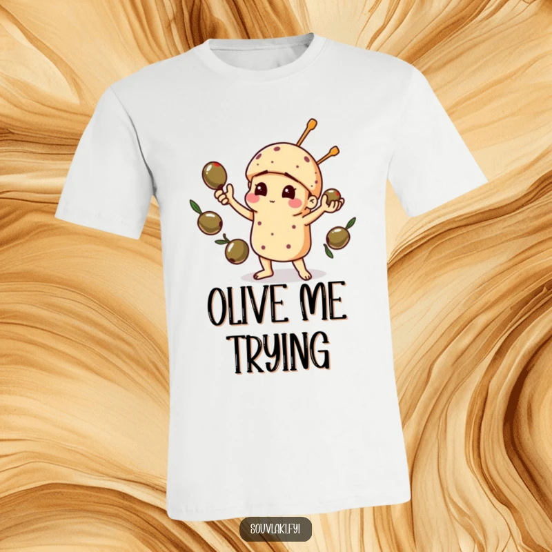 Funny t-shirt depicting a souvlaki comically attempting to juggle olives, perfect for food enthusiasts with a sense of humor.