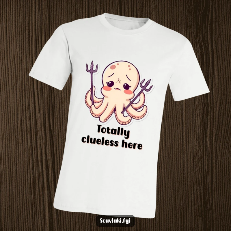 Funny Octopus T-Shirt: A confused octopus character sports a tiny trident tilted askew, embodying lovable nautical confusion.