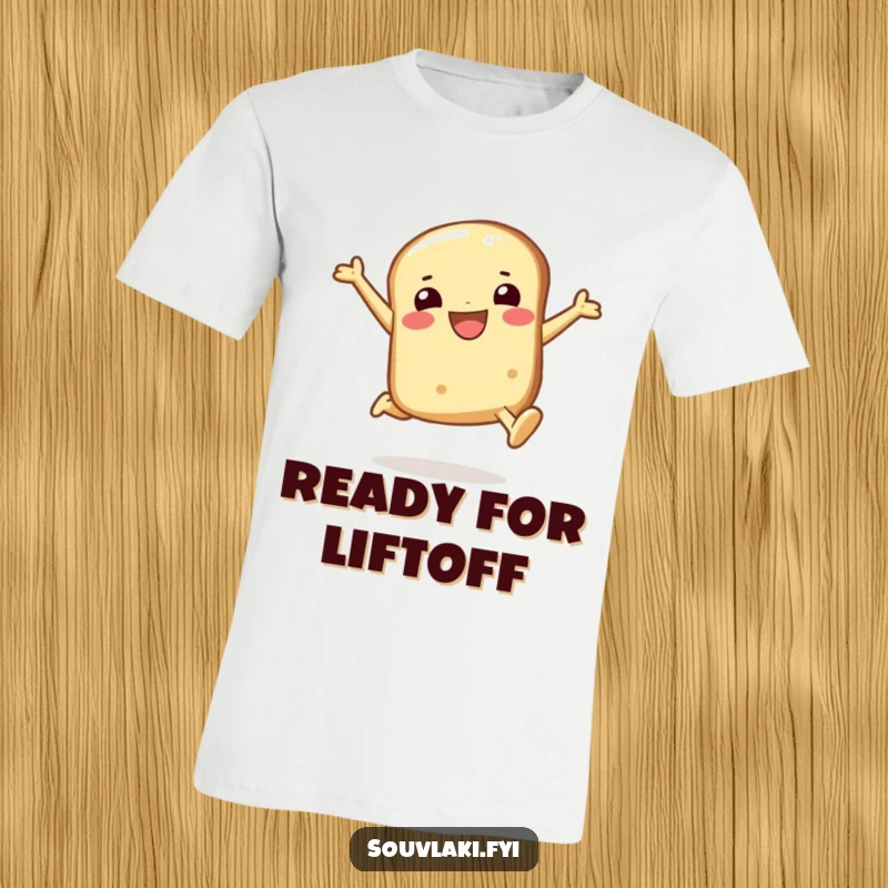 Funny pita bread t-shirt with a smiling character caught in a moment of a joyful leap, embodying pure exuberance and fun.