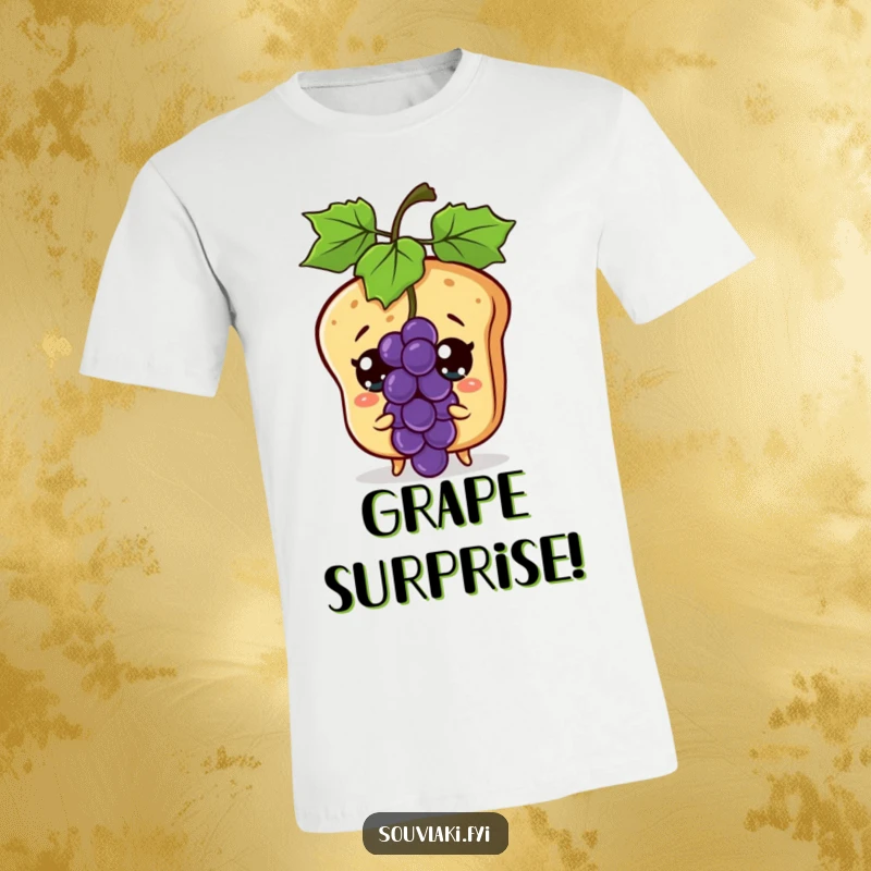 Funny pita bread character with wide eyes reacting to a flying grape, printed on a comfortable t-shirt.