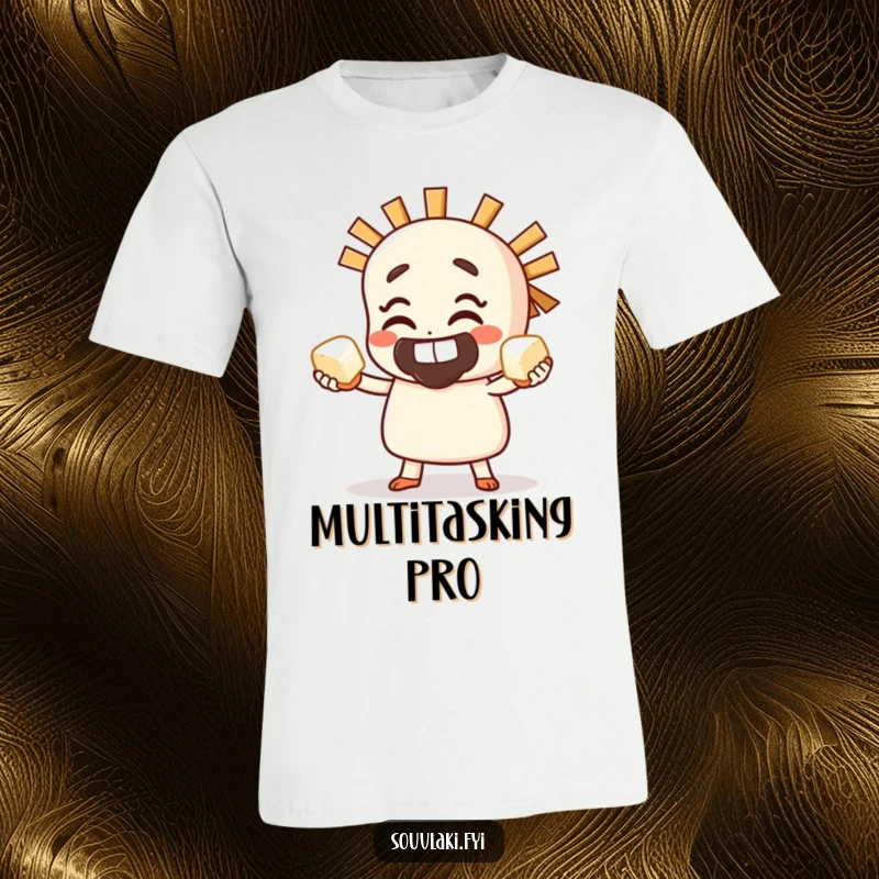 Funny T-Shirt of a souvlaki character grinning widely while juggling several small feta cheese cubes.