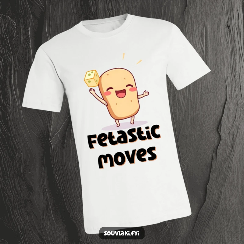 Funny souvlaki t-shirt playfully tossing a tiny feta cube, celebrating Greek cuisine with humorous character art.