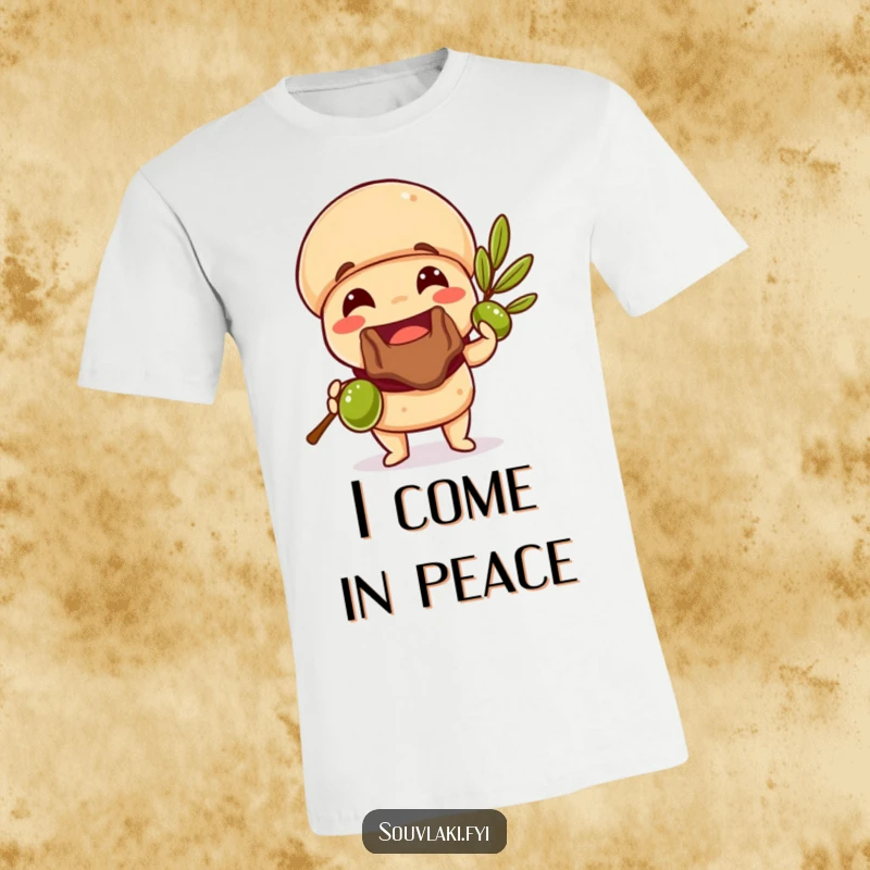 Funny Souvlaki T-Shirt offering a juicy olive branch in a gesture of peace, perfect for making someone laugh.