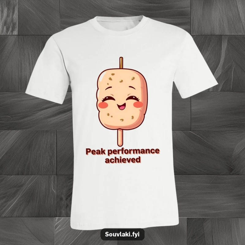 Funny t-shirt featuring a souvlaki skewer character with eyes shut, beaming with delightful pride.