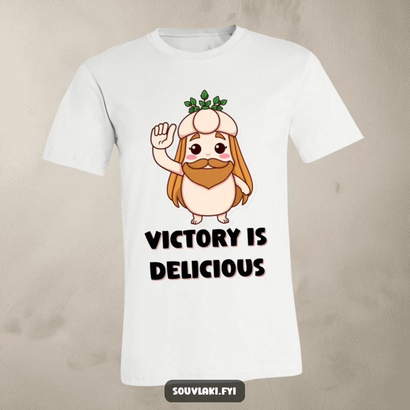 Funny t-shirt featuring a proud souvlaki giving a salute with a tiny laurel wreath, conveying heroic honor and humor.