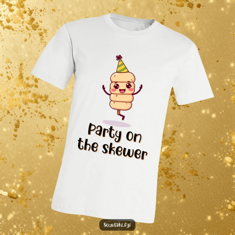 Funny Souvlaki Skewer Dance T-Shirt: A jovial souvlaki skewer wearing a party hat is captured mid-dance.