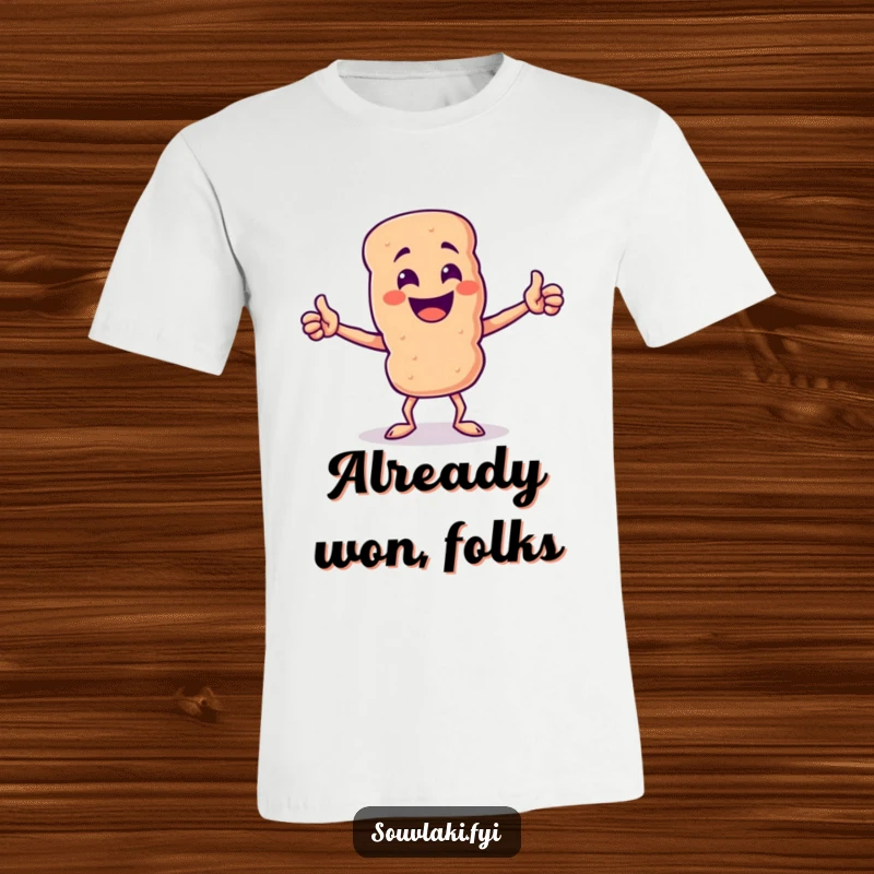Funny Souvlaki Skewer Victory T-Shirt: A proud souvlaki skewer character strikes a triumphant pose with a happy grin.