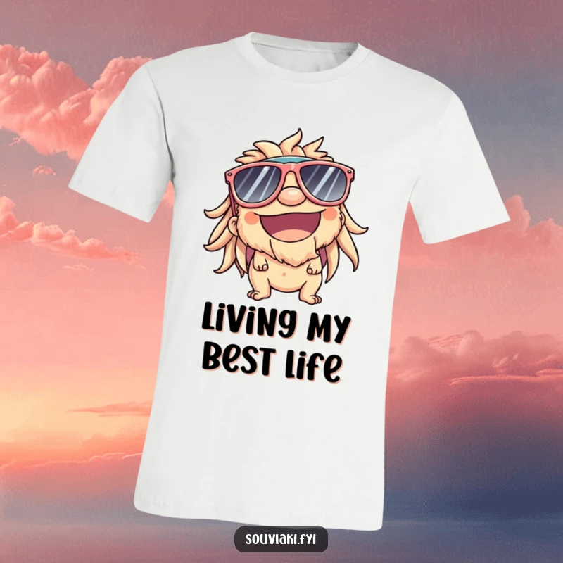 Funny T-Shirt: Souvlaki character wearing oversized sunglasses, big smile, enjoying the sunshine.
