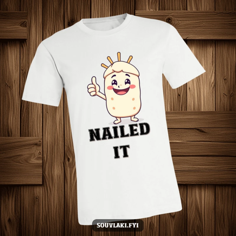 Funny t-shirt of a very happy souvlaki skewer character giving a vigorous and enthusiastic thumbs-up.