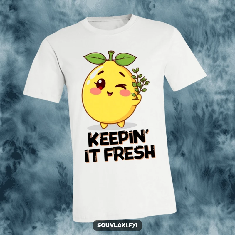 Funny winking lemon character with a sprig of oregano, looking cheeky on a soft cotton t-shirt.