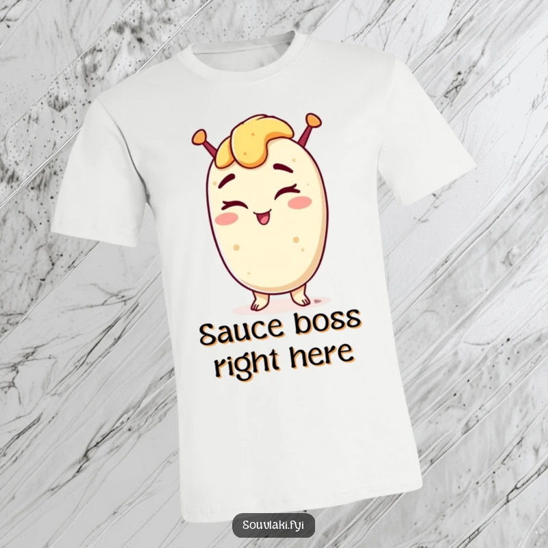 Funny t-shirt showing a souvlaki winking with a confident grin, perfect for celebrating Greek food and humor.