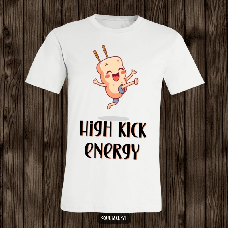 Funny souvlaki skewer character in a powerful high kick pose, showcasing athletic humor.