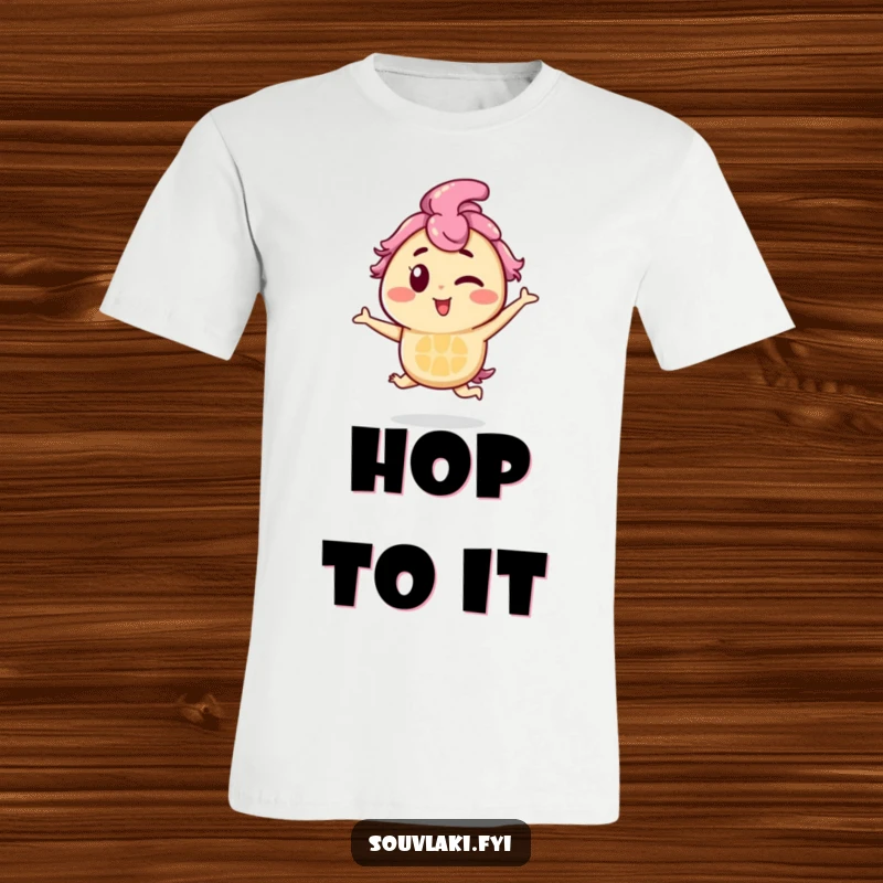 Funny Souvlaki T-Shirt: A souvlaki skewer character winks while doing a playful hop, exuding a humorous and charming personality.
