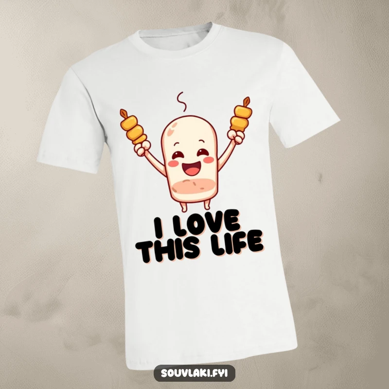 Funny Souvlaki Skewer Victory Cheer T-Shirt: A joyous souvlaki skewer with arms raised cheers loudly.