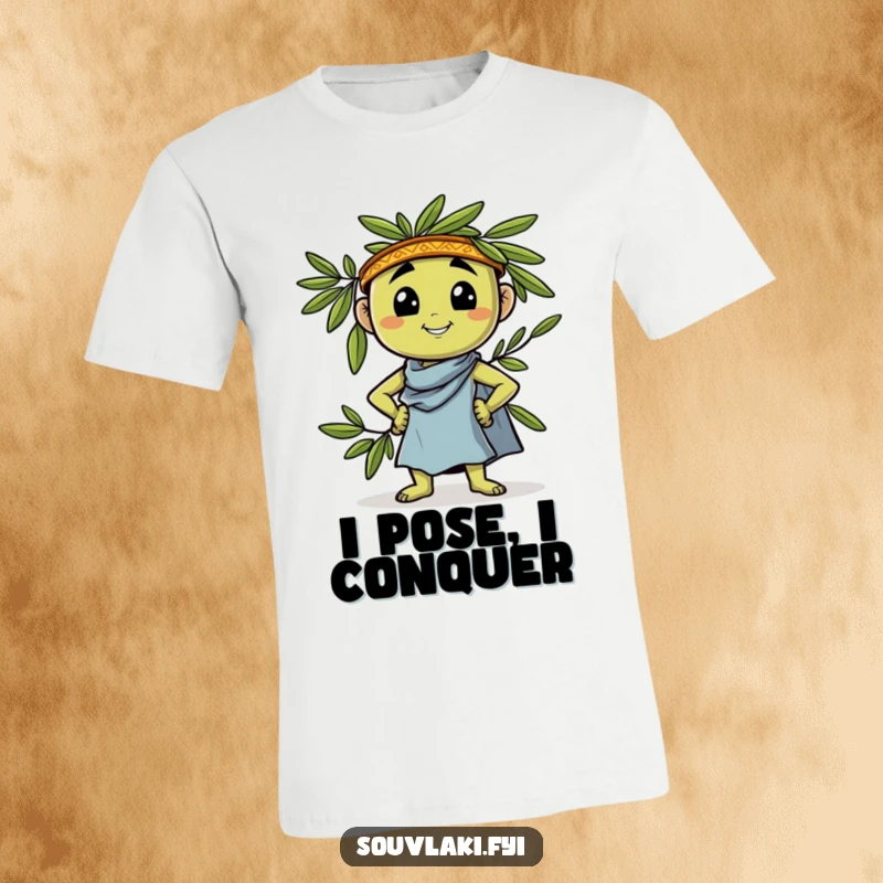 Funny T-Shirt: A proud olive character confidently leans and strikes a Greek pose, showcasing its charming and humorous personality.