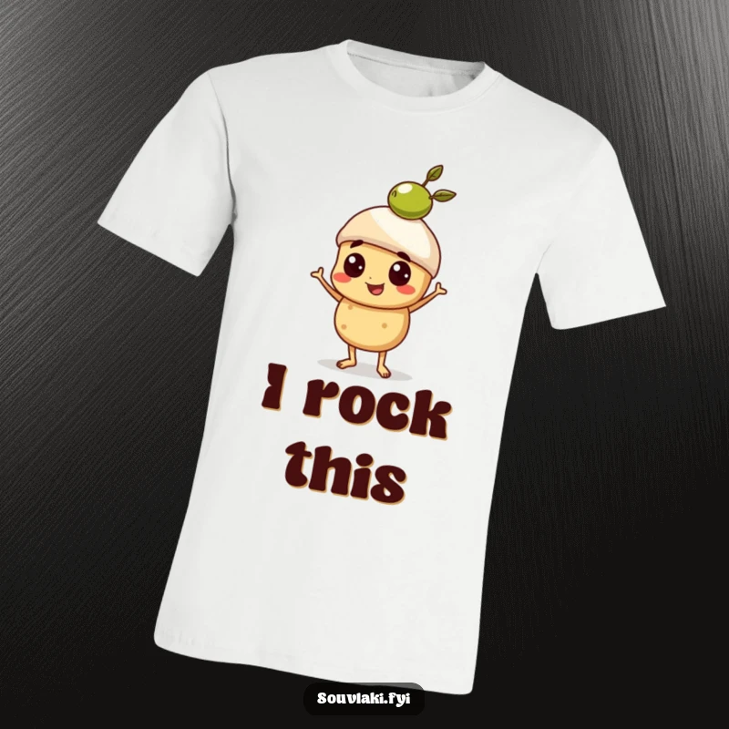 Funny T-Shirt of a souvlaki character looking proud while balancing a small olive atop its skewer.