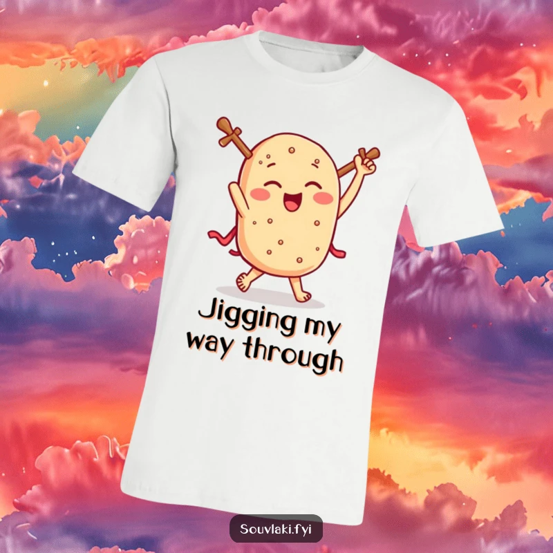 Funny souvlaki t-shirt, a winking Greek skewer triumphantly jigs, radiating pure delicious fun and playful energy.