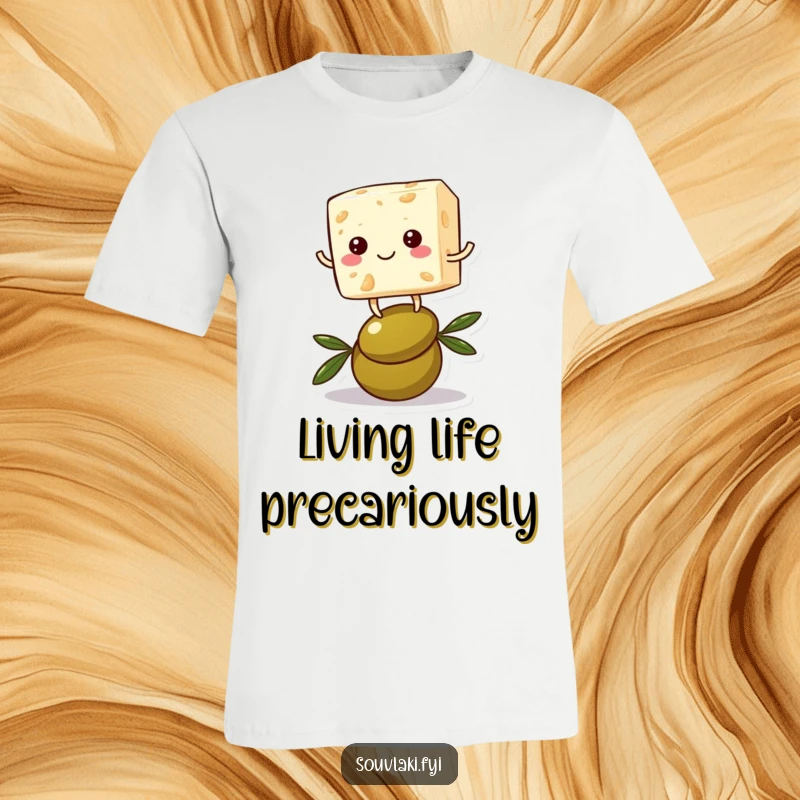 Funny feta cheese t-shirt depicting a cheerful cube character struggling to balance on an olive, radiating comical effort and fun.