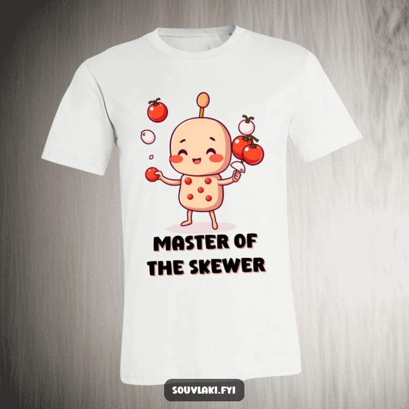 Funny T-Shirt: A souvlaki skewer character juggles tomatoes and onions expertly. Great foodie funny gift.