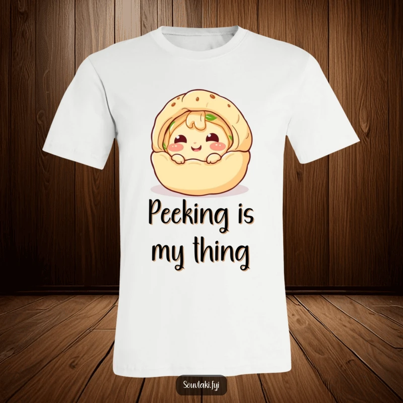 Funny T-Shirt: A giggling spanakopita character comically peeks from a puff pastry shell, revealing its happy, cheesy personality.