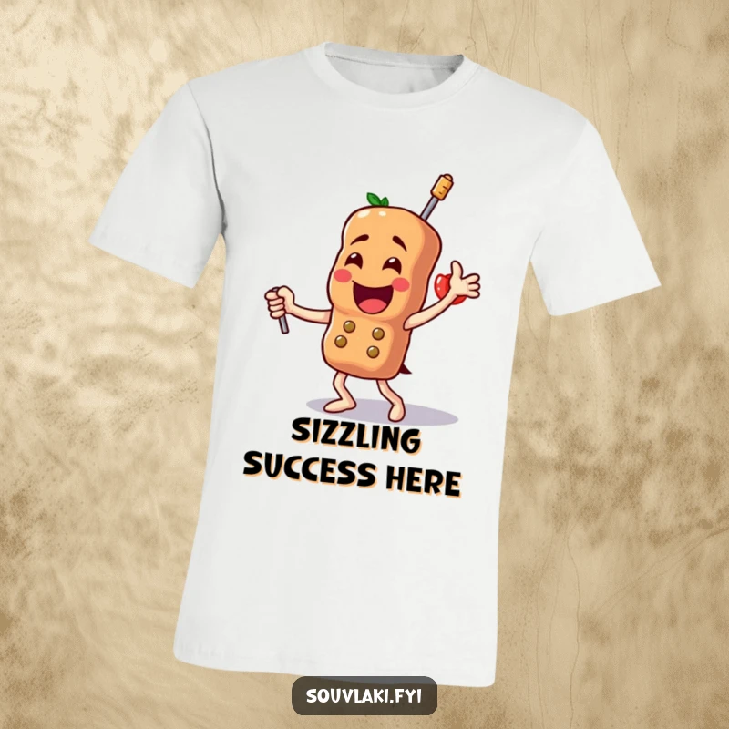 Funny Souvlaki T-Shirt: A proud skewer character performs a triumphant dance, showcasing delicious meats and veggies with culinary flair.