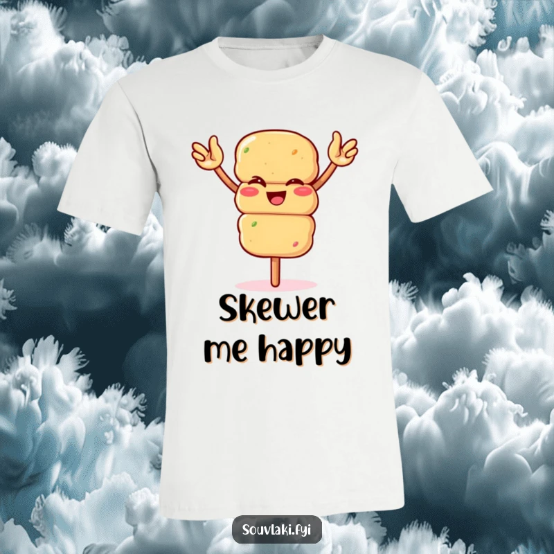 Funny souvlaki skewer winking and waving arms enthusiastically on a t-shirt. A humorous and festive design, perfect as a funny gift.