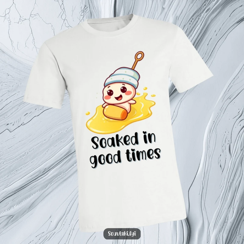 Funny souvlaki skewer character gleefully sliding down a slick of olive oil on a t-shirt, representing food fun.