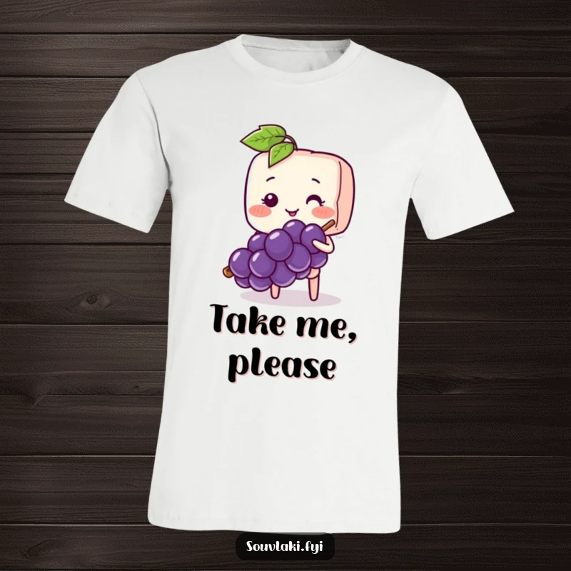 Funny Souvlaki Skewer Shy Offer T-Shirt: A blushing souvlaki skewer offers a grape with a shy smile.
